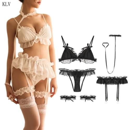 Womens Sexy Chiffon Cosplay Lingerie Set Lolita Ruffles Lace Bra Panties Babydoll Underwear Garter Belt Nightwear with Chocker