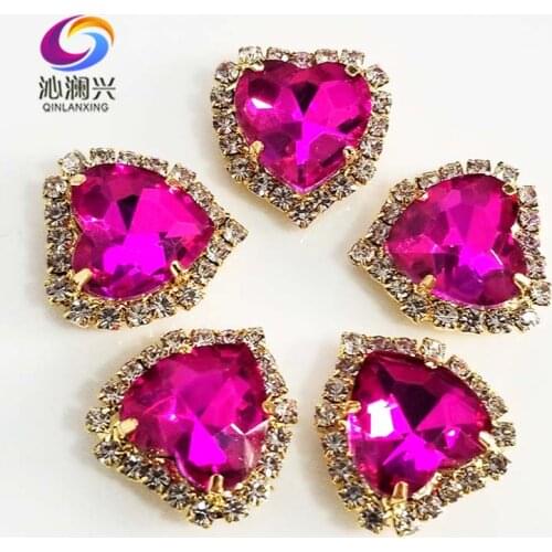 Gold bottom rose red heart shape Crystal glass buckle,sew on rhinestones for Diy/jewelry accessories 12mm/14mm/18mm 10pcs