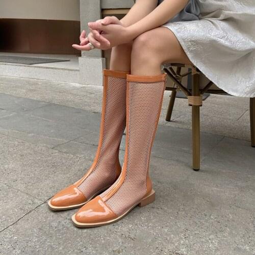 MEZEREON Summer Boots Fashion Show Hollow Shoes Breathable Mesh Round Toe Zipper Thigh High Boots Rome Gladiator Women Sandals
