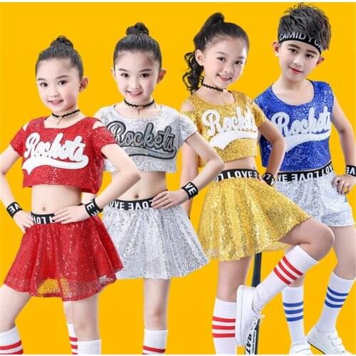 Kids Jazz Dance Wear Costumes for Girls Sequin Hiphop Stage Performance Cheerleader Team Rave Outfit Dancing Top Skirt/Pant Set