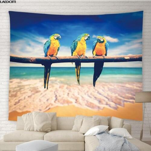Parrot Tapestry Tropical Ocean Forest Waterfall Natural Landscape Background Wall Hanging Cloth Living Room Bedroom Home Decor