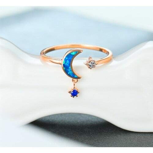 Boho Female Blue Opal Stone Ring Cute Zirconia Rose Gold Adjustable Rings For Women Minimalist Bridal Moon Star Engagement Ring