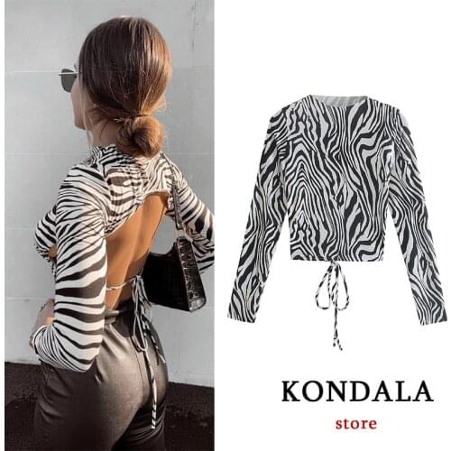 KONDALA Za Sexy Backless Slim Girls Blouses Zebra Striped Print Fashion 2021 Long Sleeve Chic Mujer Tops Tie Up Vintage Blouses