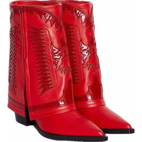 Genuine leather Western Cowboy Boots 2021 Autumn Winter New Trouser leg Martin boots Punk Womens Shoes Black Red Big Size 34-43