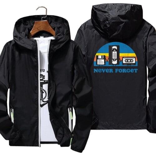 Mens Bomber Hooded Jacket Never Forget Sarcastic Old School T Shirt Cassette Music Jazz Tape Dance Thin Windbreaker Jacket 7XL