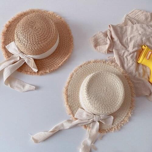Summer baby girls fashion bowknot Woven straw hats 2021 beach hats with large brim children caps for sun shading