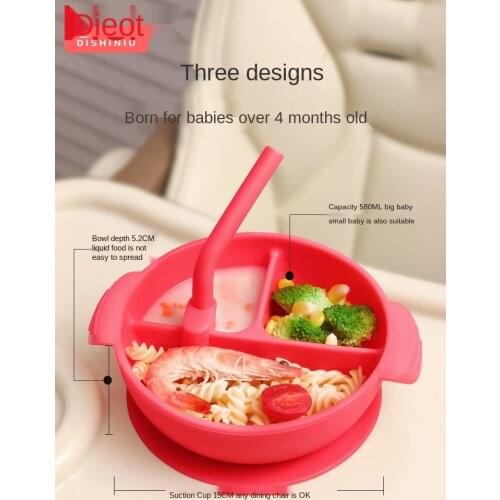 Bowl with Straw Compartment Tray Babies' Tableware Set Complementary Food Silicone Food Dispatch Disk Baby Plate Snack Catcher