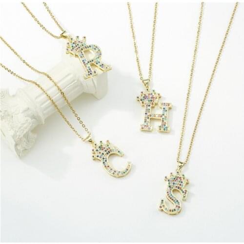 Fashion Colourful CZ Alphabet Pendant Necklaces For Women Men Crown Initial Letter Necklace Hip Hop Punk Jewelry Party Gift