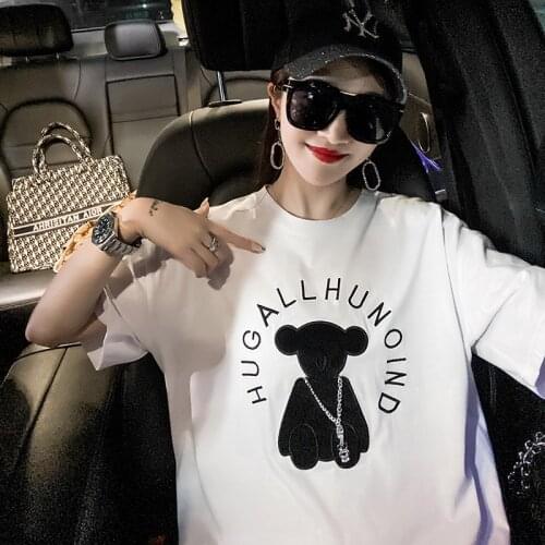 Fashion New O collar embroidery cartoon Tops Women Casual Short Sleeve Tees 2021 Summer Woman Mid-length Loose T-shirt tops