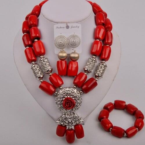 Fashion Jewelry Set Red Coral Jewelry Necklace Earrings Bracelet Jewelry Sets Nigerian Wedding Bridal Jewelry Sets