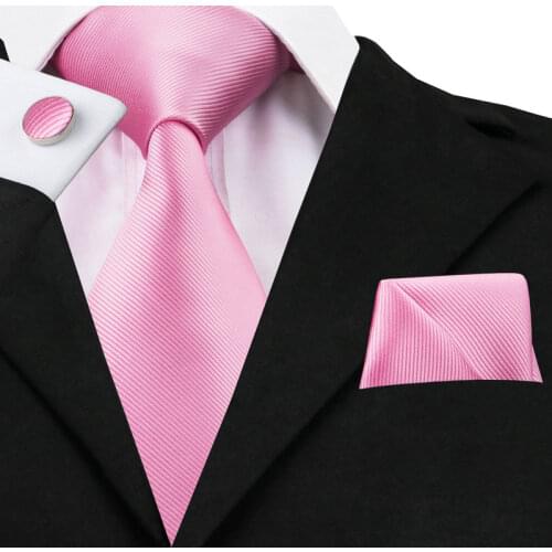 Fashion Mens Tie Pink Solid Necktie Hanky Cufflink Set Business Wedding Party Tie For Men Set C-820