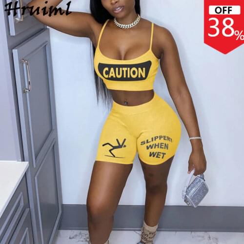 2 Piece Sets Womens Outfits Fashion Letter Print Sexy Sling Sleeveless Crop Top Bodycon Shorts Pants Set Sportswear Clothes