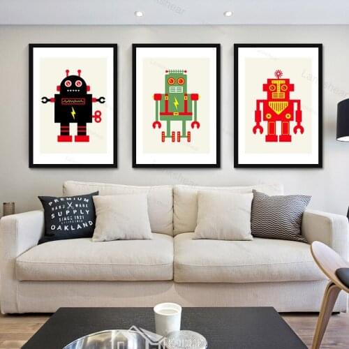 Cartoon Robot Poster Wall Art Canvas Painting Print Nordic Minimalist Style Boy Bedroom Childrens Room Kindergarten Pictures