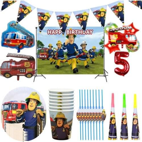 Fireman Sam Disposable Tableware Boys Baby Shower Party Supplies Paper Plates Cups Fire Truck Balloon Set Kids Birthday Party