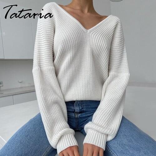 Autumn White Jumper Knitted Sweater for Women Korean 2021 Fashion Classic Oversize V Neck Knit Top Grils Basic Tricot Sweaters