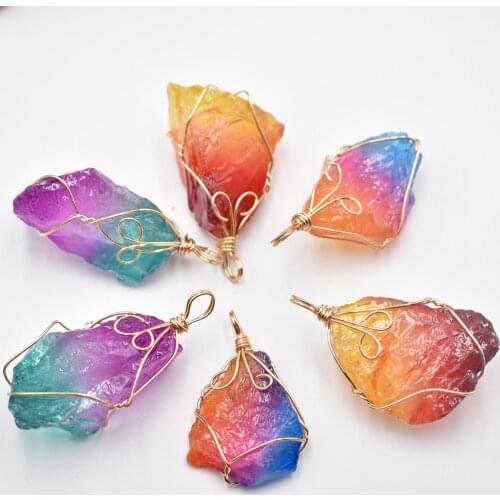 Fashion good quality natural crystal rainbow stone Wire Wrappe irregular shape pendants for jewelry making 6pcs/lot wholesale