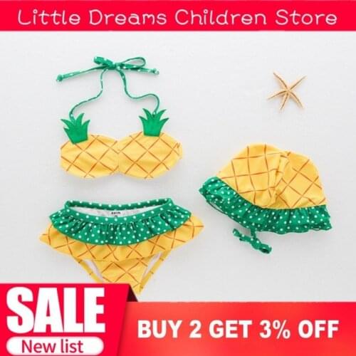 Dropship Baby Girl Swimwear Infant Toddler Kids Fashion Pineapple Fruit Swimsuit Hat+Bra+Underwear Spa Baby Swimwear Bikini
