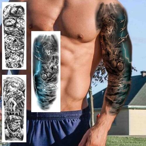 Realistic Lion Temporary Tattoos Sleeve For Men Women Compass Nun God Fake Tattoo Sticker Full Arm Tatoo Large Thigh Arm