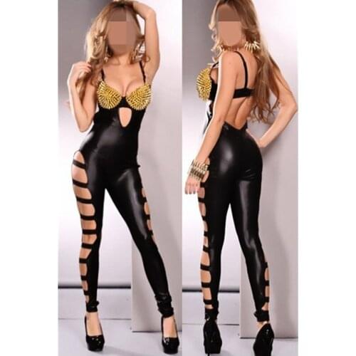 Sexy Leather Catsuit Fashion Black Hallow out Jumpsuit Women Clubwear Black Jumpsuit