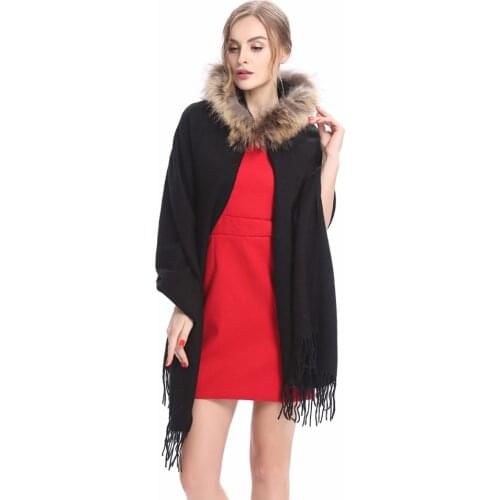 ZY87059 2017 New Arrival Wool Cashmere With Raccoon Fur Hooded Fashion Solid Pashimina Ladies and Women Fur Shawl Scarf