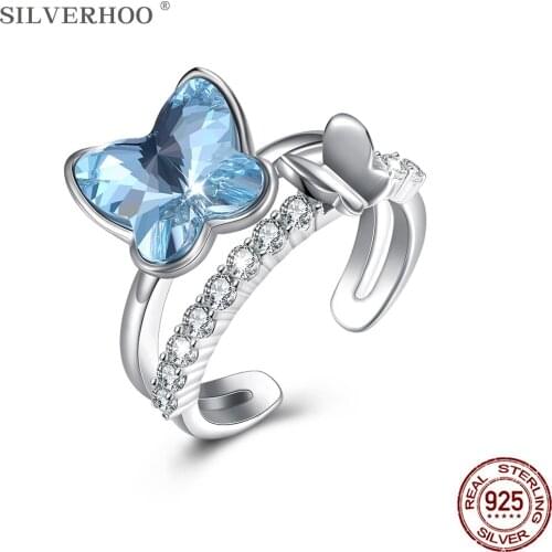 SILVERHOO 925 Sterling Silver Cute Butterfly Austria Crystal Open Adjustable Finger Rings For Women Engagement Ring Fine Jewelry