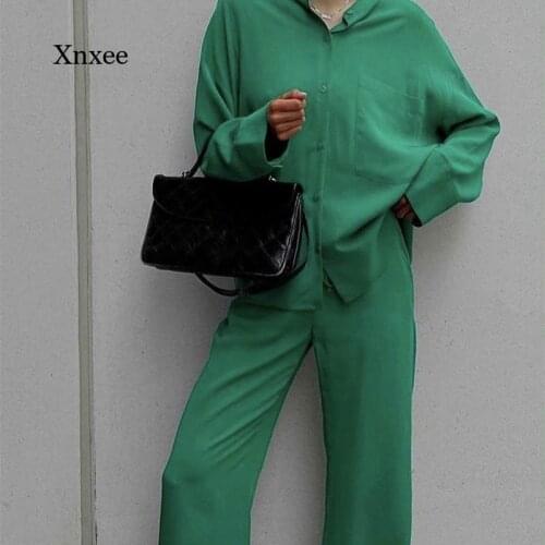2021 Spring Womens Casual Womens Green Loose Shirt Suit Fashion Solid Color Long-Sleeved Suit Ladies Soft Suit