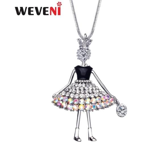 WEVENI Crystal Rhinestone Alloy Crown Princess Girls Necklace Pendant Long Chain New Fashion Classic Jewelry For Women Teen Gift