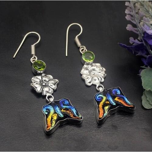 Hermosa Jewelry Special Green Peridot Dichroic Glass Silver Color For Women Ladies Hook Drop Dangle Earrings 2 5/8 Inch DH28