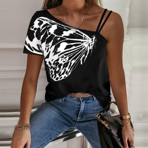 Harajuku Tshirt Women 2021 One Shoulder Butterfly Print T-shirt Short Sleeve Aesthetic Clothes Graphic T Shirts Poleras Mujer