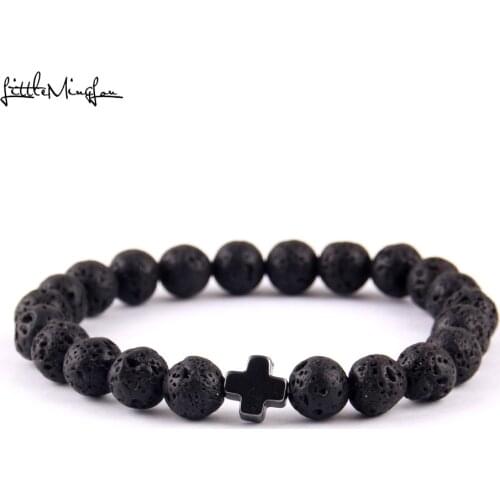 Natural stone Trendy God Jesus Cross Charm men bracelets Lava Stone Beads handmade Couple Bracelets & Bangles for women Jewelry