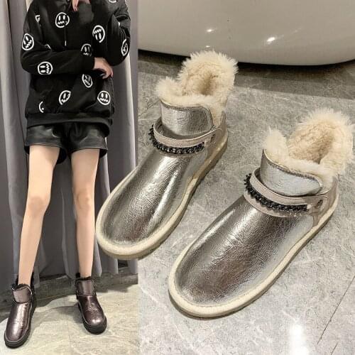 Snow Boots Womens 2019 New Short Boots Womens Winter Fashion Metal Chain Thick Bottom Cuffs Plus Velvet Plush Cotton Shoes