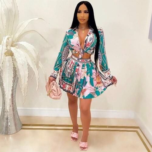 Ladies Suit Skirt 2 Sexy Cardigan Top Pleated Skirt Two-Piece Fashion Long Ztreet Office Printing Short Skirt Suit Women