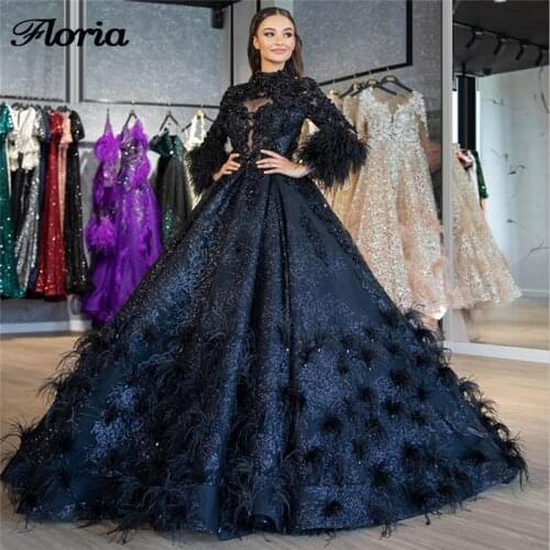 Feathers Pageant Dress Navy Ball Gown Prom Dresses Robe De Soiree Dubai Women Evening Gowns For Arabic 2020 African Abendkleider