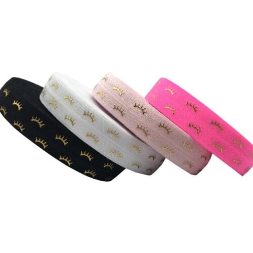 10Yards/Lot 5/8" 15mm Gold Foil Eyelashes Printed Fold Over Elastic Ribbon DIY Pack Stuffs Hair Band Making Accessories