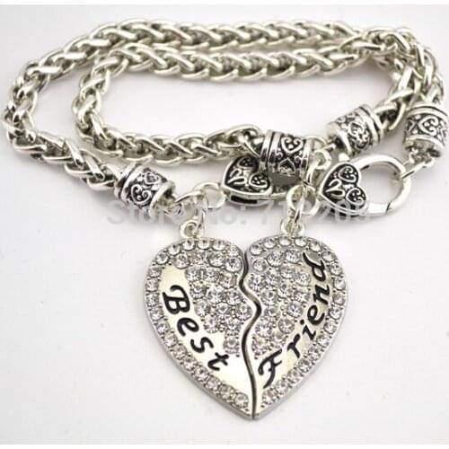 20pcs a lot rhodium plated Best Friend with clear Crystal Heart Pendant Lobster Claw Bracelet(B10126)