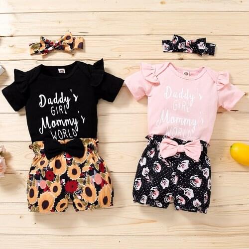 0-12M Baby Girls Boys 3Pcs Summer Clothes Short Sleeve Letter Print Romper + Floral Shorts + Headband Set