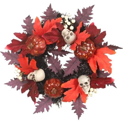 45cm Happy Halloween Wreath Door Hanger Realistic Pumpkins Skull Maple Leaves Hanging Garland with LED Light Wall Window