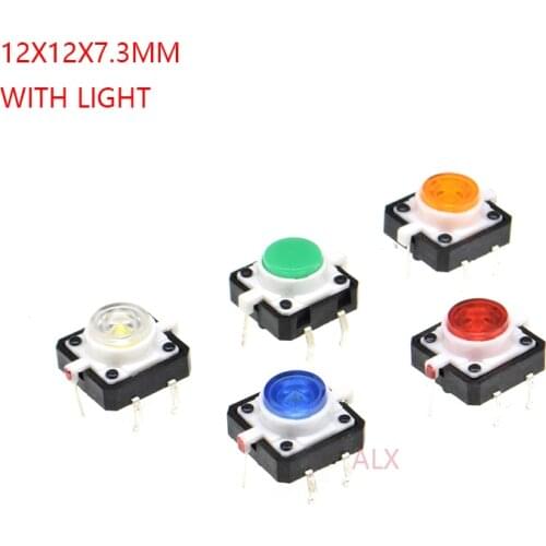 5PCS 5 color 12X12x7.3mm 4PIN dip TACT push button switch with light led Micro key power tactile switches 12x12x7.3 12*12*7.3MM