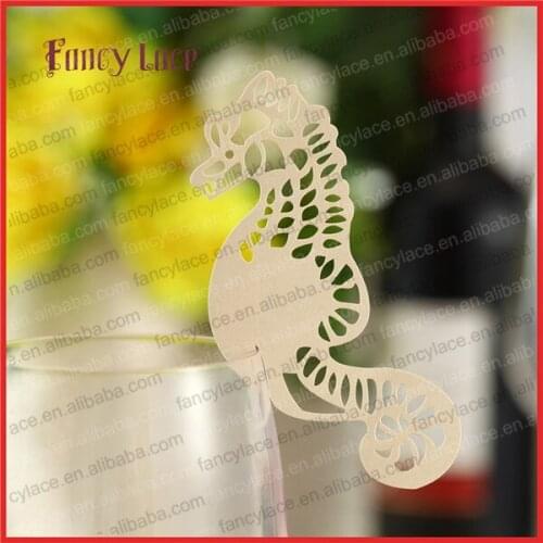 50pcs Hot Sale Party Decorations Laser Cutting Place Cards, Customized Wine Glasses Cards Sea Horse Shaped Paper Party Decor