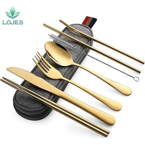 8Pcs/set Tableware Reusable Travel Cutlery Set Camp Utensils Set with stainless steel Spoon Fork Chopsticks Straw Portable case