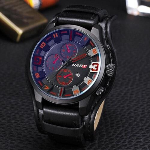 NARY Watch Calendar Men Round Dial Wristwatch Luxury Famous Men Watch Three Eyes And Six Pointer Big Dial Leather Strap Watches