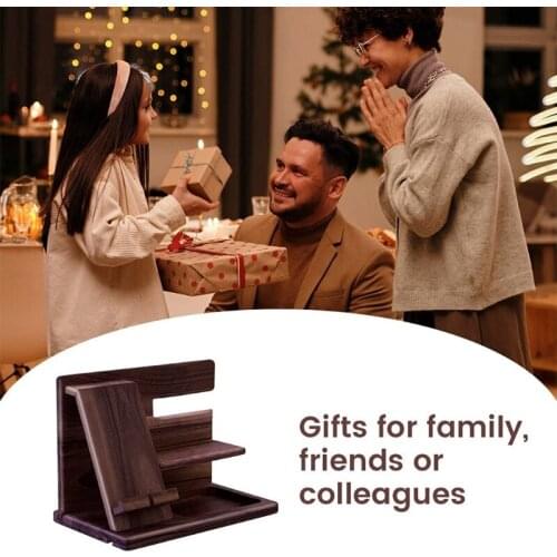 D08D Wooden Phone Holder Docking Station Wallet Stand Watches Purse Glasses Key Storage Box Desk Display Organizer Bedside Mens