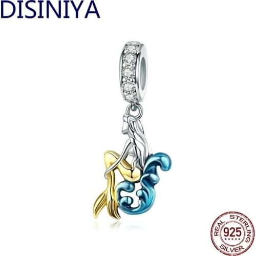 Beauty Mermaid Pendant 925 Sterling Silver Enamel Charm Fit Original Bracelets & Bangle Necklaces DIY Accessories ZSCC341166