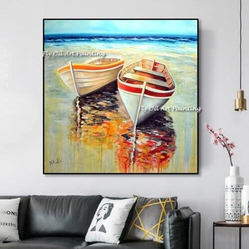 Sand beach Sea Boat Art Handmade Oil Painting Seascape Wall Art Home Wall Decor Abstract Sailboat Oil Paintings Artwork