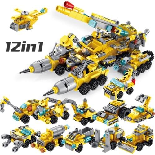 MEOA 12 IN 1 City Engineering Series Deformation Engineering Vehicle Building Blocks Crane Trailer Helicopter Forklift Bricks
