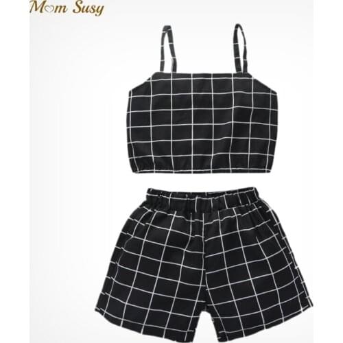 Baby Girl Plaid Clothes Set Suspender Top+Shorts 2PCS Summer Girl Tank Shorts Suit Baby Clothes 1-5Y