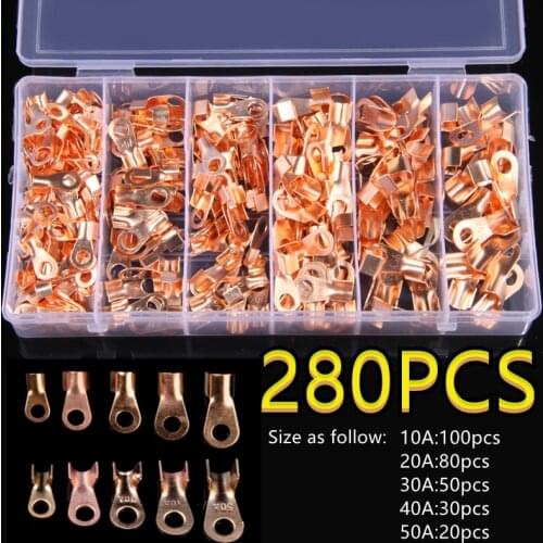 280PCS Wire Cable Connectors Open Lugs OT Terminals Ring Copper Tube Soldered Connector Car Accessories 10A-50A Kit