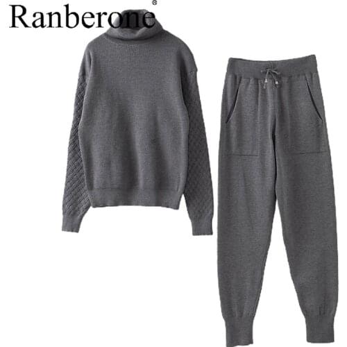 Ranberone Suit Women Sport Warm Sweater + Knitted Trousers Pants Two Piece Set Womens Tracksuit Solid Color Fitness Sportswear