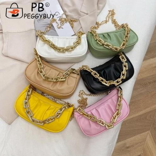 Fashion Women Pleated PU Leather Underarm Purse Casual All-match Pure Color Shoulder Bag with Chain Handle Zipper Small Handbags