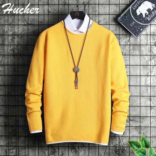 Huncher Mens Sweater Crew Neck Pullover 2021 Spring Casual Solid Color Jumper Sweater Male Fashion Korean Yellow Sweater For Men